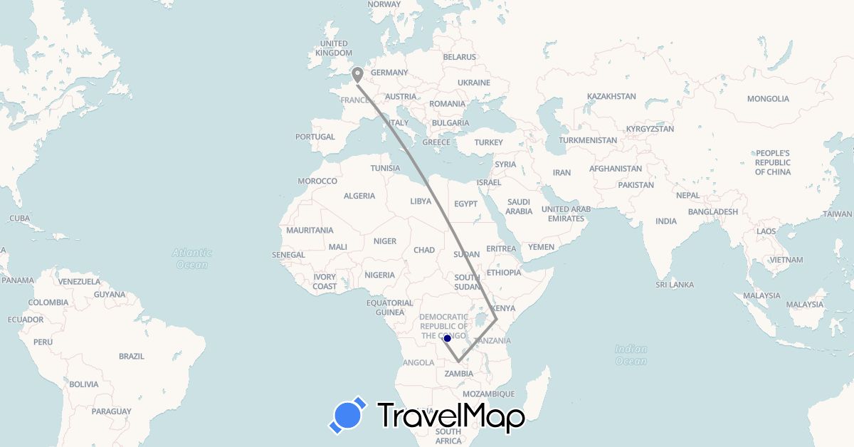 TravelMap itinerary: driving, plane in Democratic Republic of the Congo, France, Kenya (Africa, Europe)
